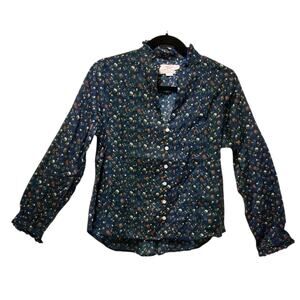 Trovata Birds of Paradis Finley Floral Pin tucked Blue Blouse Cottagecore small